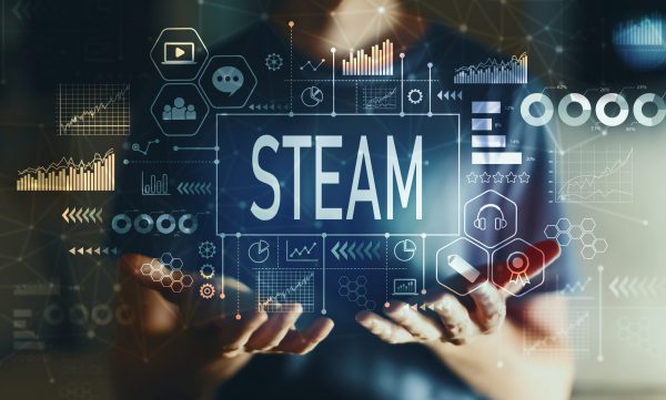 imágen de las sigas STEAM en un fondo holográfico